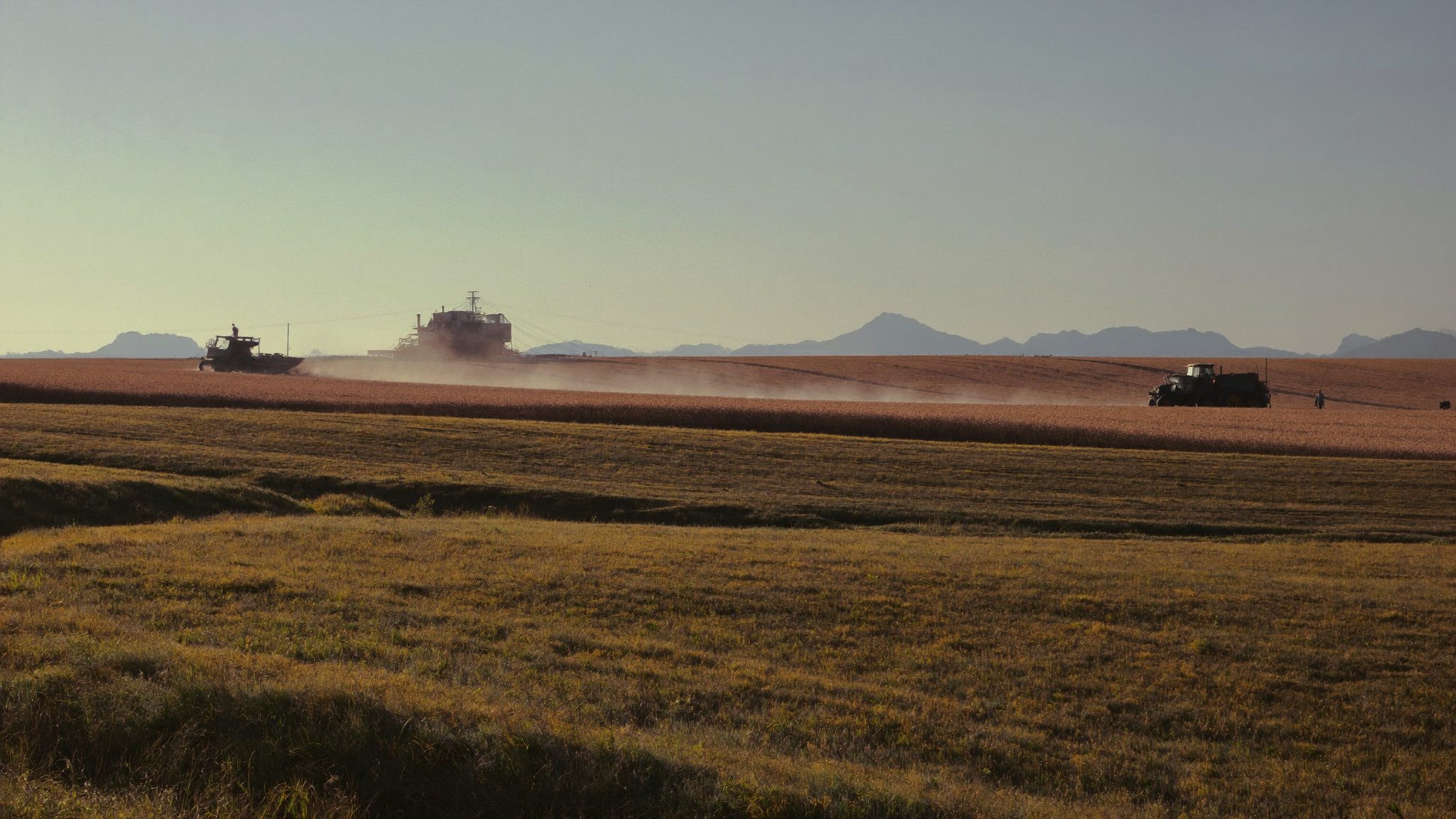 Wide Northern Cape farmland under warm light with a bakkie on a dirt road