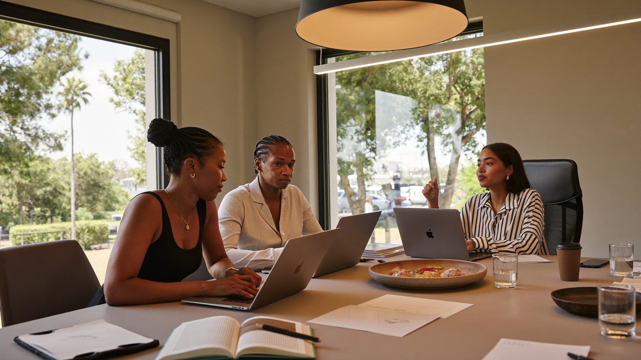Advisers and business owners reviewing figures together around a meeting table